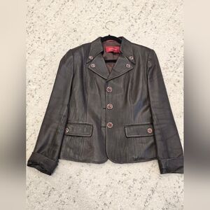 Brown Leather Blazer with Button Details